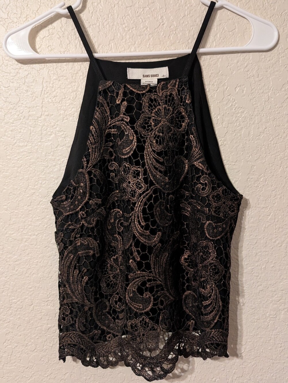 Sans Souci Copper Metallic Lace Overlay High Neck Black Tank Top, Size Small